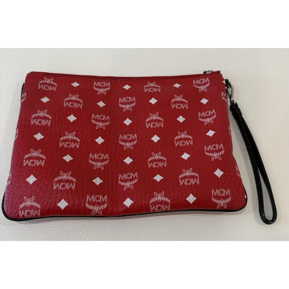 MCM Red Pebbled‎ Clutch Wristlet with Logo Accent Wrist Strap